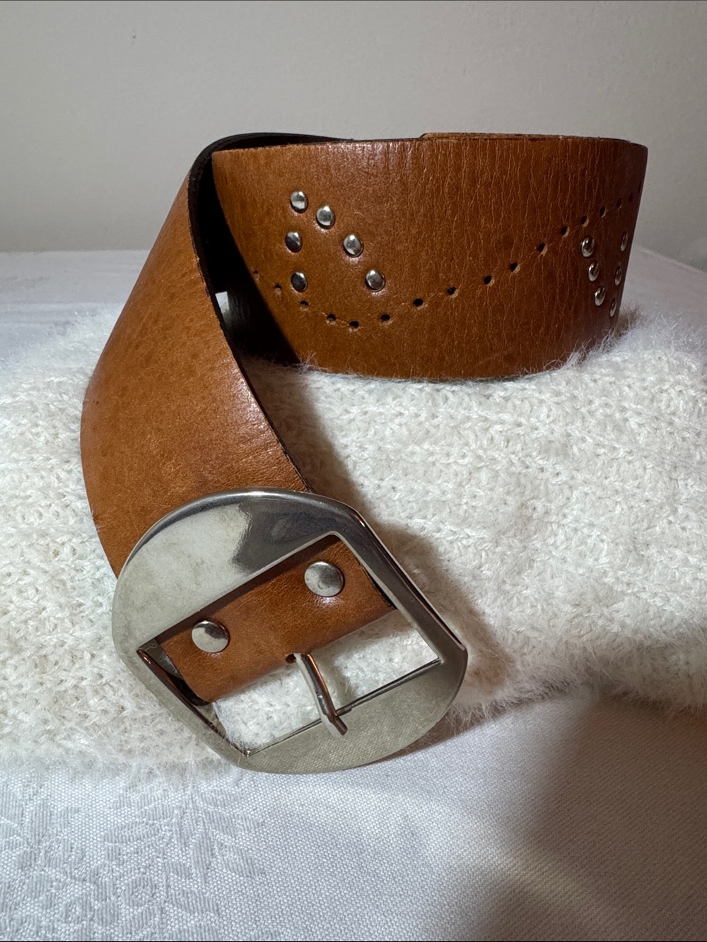 Leather Feel Studded Wide Brown Fashion Belt